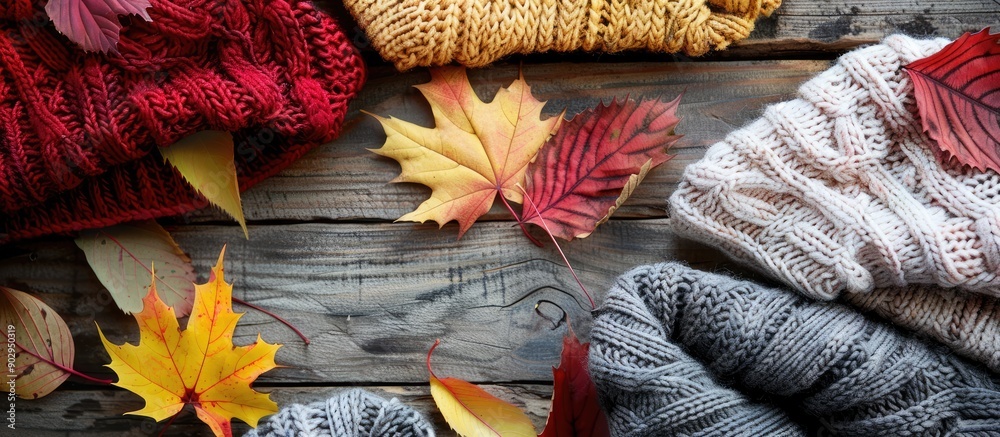 Poster In fall cozy sweaters are complemented by colorful leaves in a beautifully intertwined display capturing the essence of the season in a remarkable copy space image