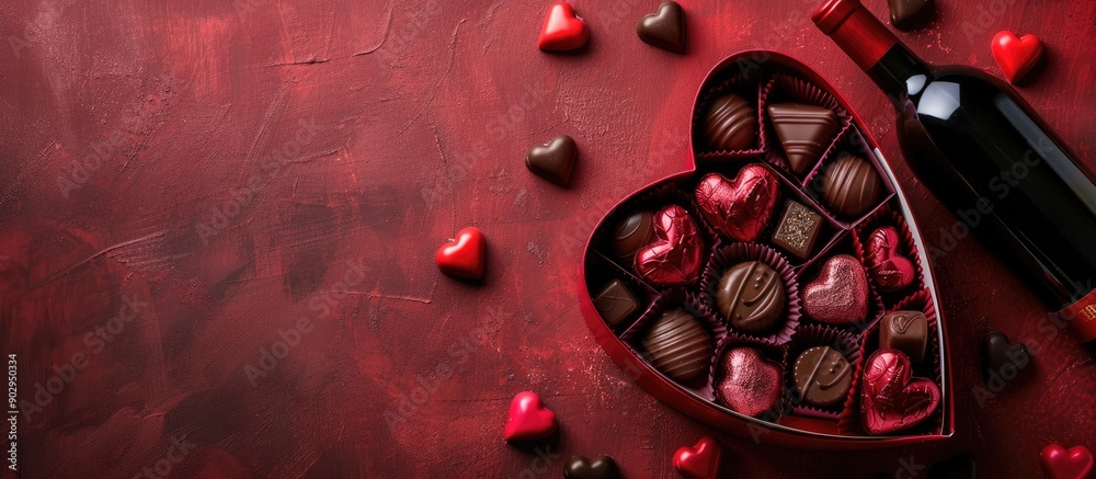Leinwandbilder Valentine s Day themed top view photo of heart shaped gift box of chocolates on a red colored background with a bottle of red wine all with copy space image