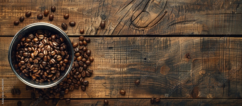 Aufkleber A top view of a filter holder filled with coffee beans on a wooden kitchen table with more beans in the background and ample copy space for your image