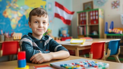 A cheerful boy sits at a table in a colorful classroom, surrounded by educational materials and a national flag.