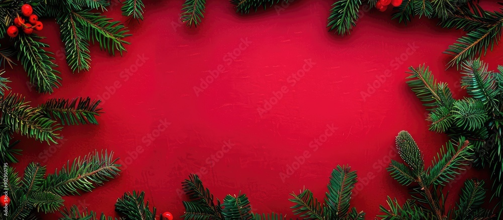 Fototapete View from above of a festive red Christmas background created with green fir branches forming a frame around a central copy space image
