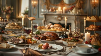 Fototapeta premium Elegant dining table set with a lavish spread of gourmet dishes, candles, and decorations creating a luxurious dining experience.