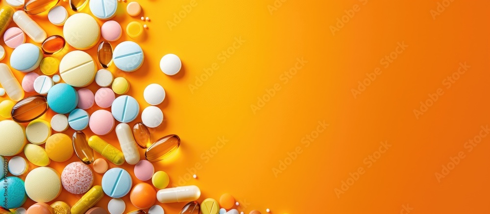 Poster variety of pharmaceutical pills and tablets on an orange backdrop with ample space for text creating