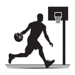 A black and white picture of a basketball player with the ball in his hand silhouette  