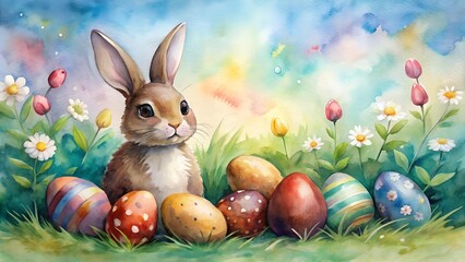 A Symphony of Chocolate: A Watercolor Easter Bunny and Eggs  generative AI