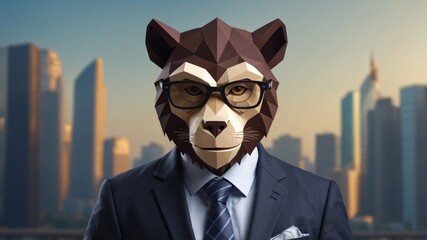 A businessman with a monkey's head in a business suit and tie, wearing glasses on a blurred background Wolf character.