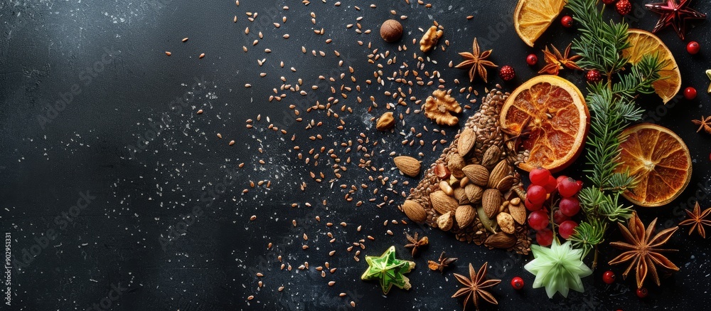 Fototapete flax seed and dried fruit christmas tree and comet displayed on a black backdrop with copy space ima