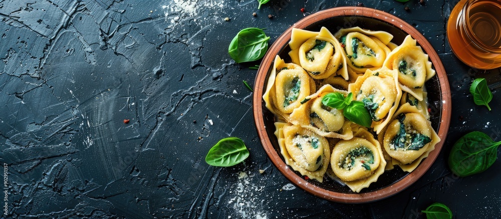 Aufkleber top view of traditional italian tortelli pasta filled with spinach and cheese with copy space image 