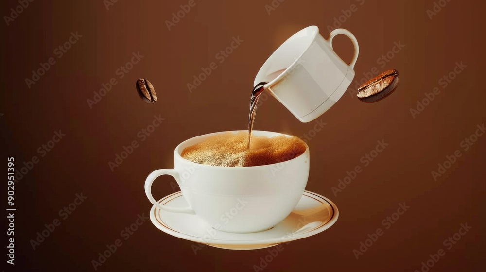 Wall mural pouring coffee into a white cup with coffee beans floating, elegant white cup, hot beverage illustra