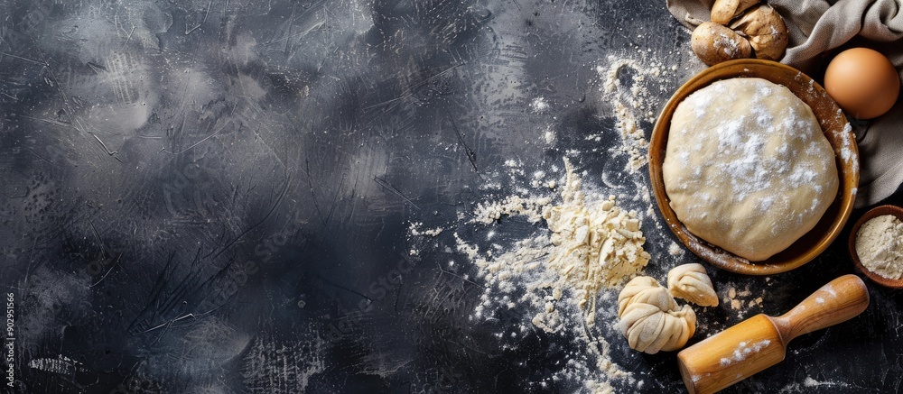 Poster raw dough with flour and rolling pin for a cooking menu concept against a food themed background wit