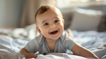 Fototapeta premium Smiling baby lying on bed, bright room, adorable expression, joyfully happy face, childhood innocence, playful mood concept