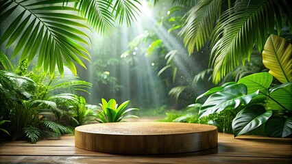 Obraz premium Aesthetic natural wood podium in tropical forest with morning dew background and leaf arrangement , natural