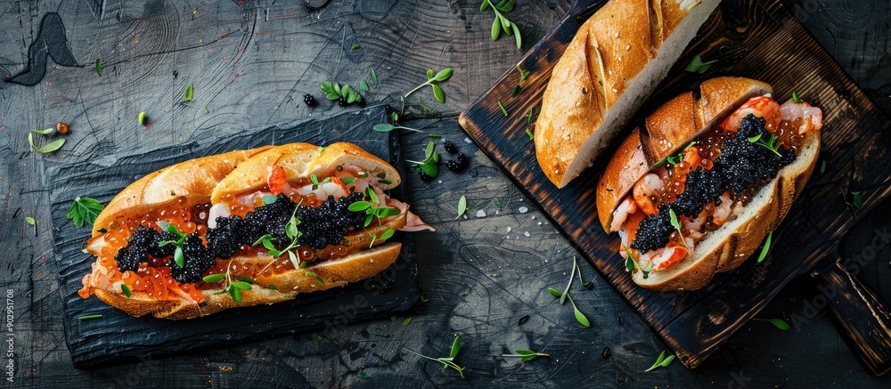 Aufkleber a rustic top view image of a table showing a delectable seafood sandwich with fresh black caviar ide