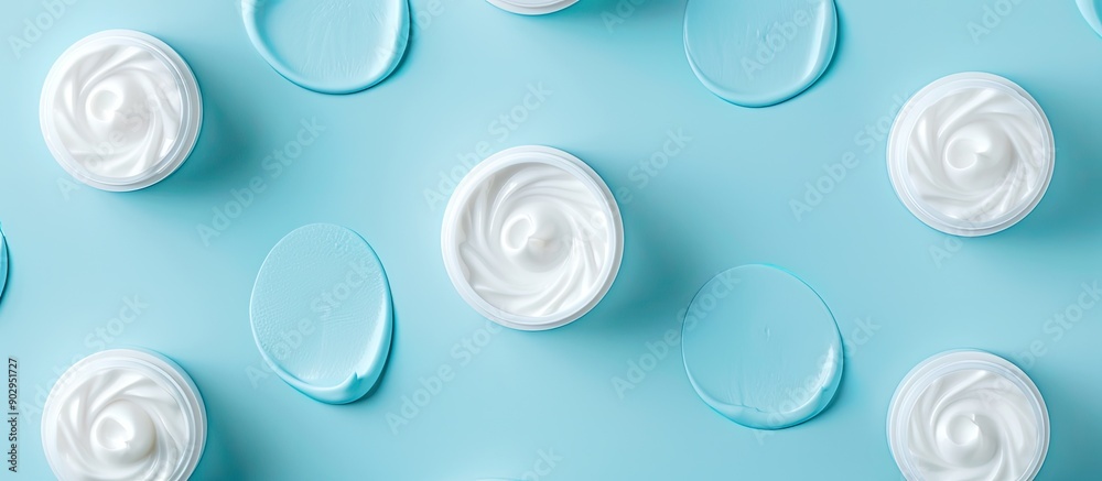 Poster Top view of face cream samples on a light blue background with room for text in the image in question