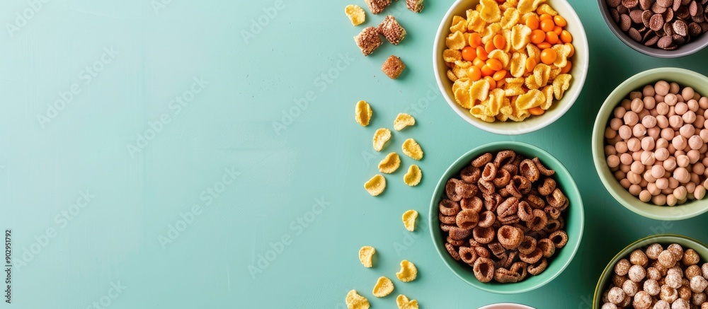 Aufkleber varied dry breakfast cereals displayed in bowls on a soft green backdrop from an overhead perspectiv