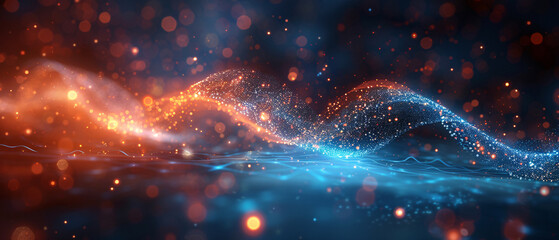 Abstract Blue and Orange Sparkles, Digital Art, Glowing Particles, Swirling, Technology Background, Glowing Particle
