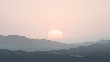 Fototapeta premium Calm and simple background (wallpaper) with delicate texture with mountains, trees, fog, sun, and moon.