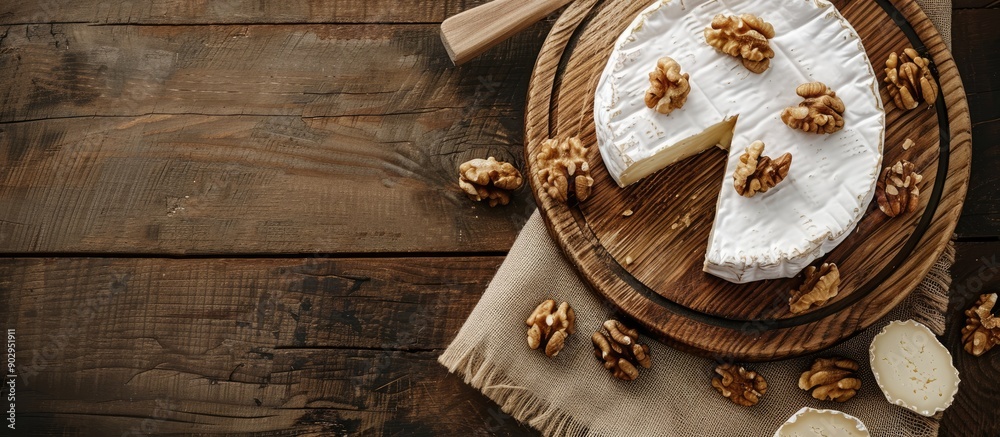 Aufkleber Top view of sliced round Camembert cheese on a wooden board with nuts in rustic style and natural light with a vintage burlap napkin background featuring a copy space image