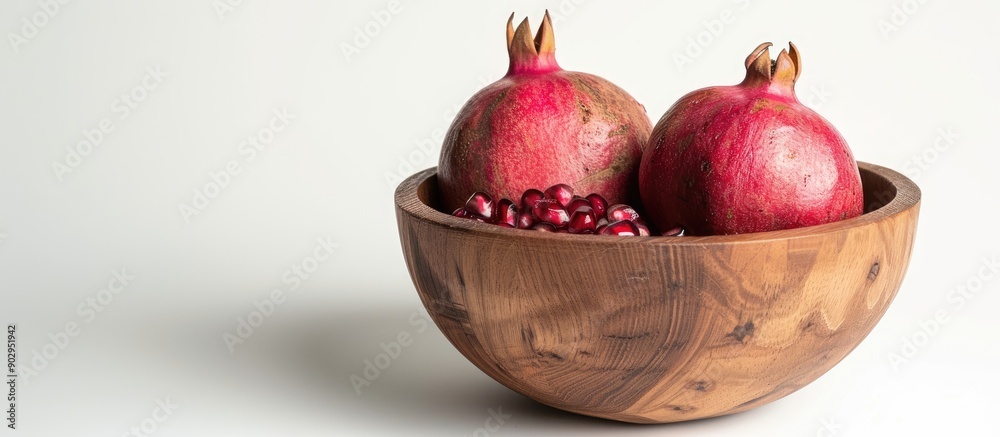 Poster a pomegranate inside a wooden cup on a white background with copy space image available