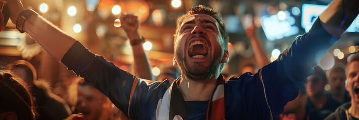 Passionate crowd cheers for team in sports bar. Group of people raise arms and shout at sporting event with blurred background. Man wears navy blue jersey and scarf among fans celebrating in bokeh