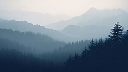 Obraz premium Calm and simple background (wallpaper) with delicate texture with mountains, trees, fog, sun, and moon.