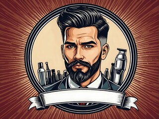 Vintage barber shop logo with a bearded man and a razor.