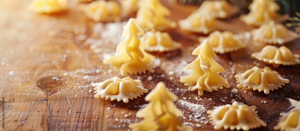 Aufkleber Uncooked tree shaped Christmas pasta displayed on a wooden table with empty space for an image. Creative banner. Copyspace image