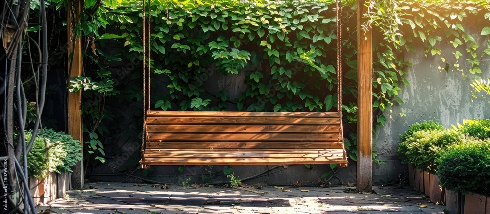 Canvas Prints wooden bench and swing in the garden with copy space image