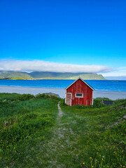 Charming Red Cabin Overlooking Tranquil Waters in Norway Under a Clear Blue Sky, Lofoten