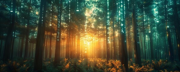 Obraz premium Forest inventory management, digital analytics, holographic data visualization, advanced forestry tech