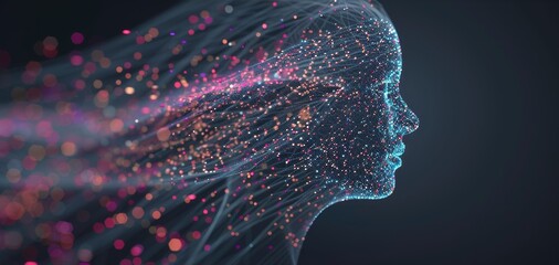 A human face dissolves into a cloud of data particles, illustrating the transformation of identity into digital abstraction