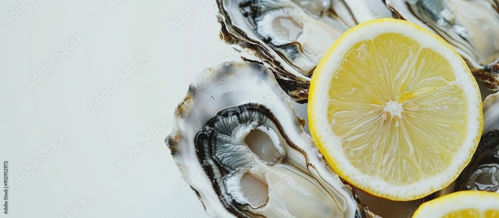 Poster Raw oysters presented with a lemon slice in a copy space image