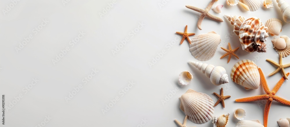 Poster Seashells scattered around a white frame on a white backdrop with a vacant copy space image within
