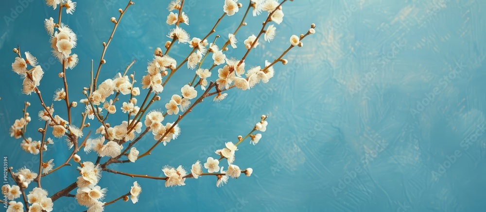 Poster Plum tree branches in bloom against a blue backdrop perfect for a holiday themed image with space for text overlay at the top. Creative banner. Copyspace image