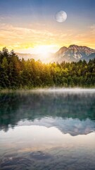 Fototapeta premium Calm and simple background (wallpaper) with delicate texture with mountains, trees, fog, sun, and moon.