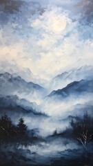 Obraz premium Calm and simple background (wallpaper) with delicate texture with mountains, trees, fog, sun, and moon.