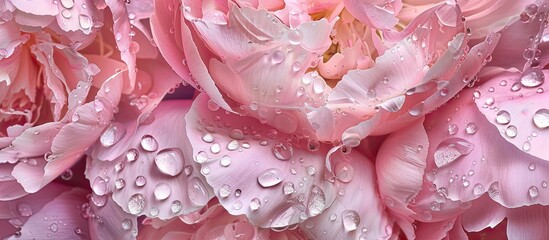 Copy space image of peony petals adorned with dew drops creating a delicate floral backdrop