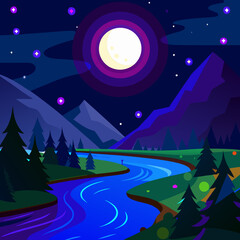 night landscape with moon and stars and river flowing from hills