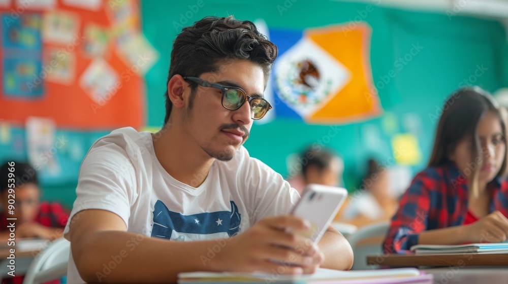 Poster a student focused on his smartphone while seated in a classroom, surrounded by classmates engaged in