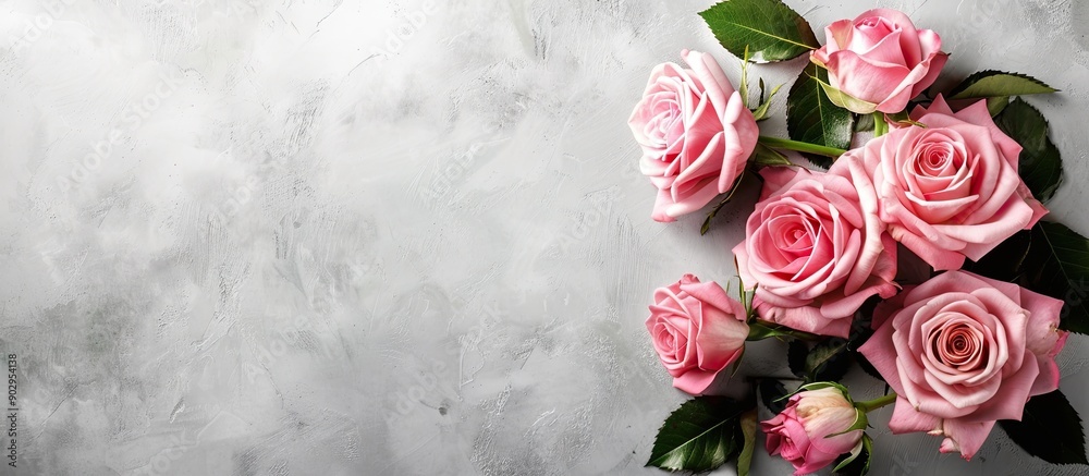 Poster pink roses on a grey background create a romantic floral frame image perfect for valentine s day wit