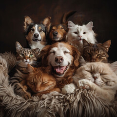 Obraz premium Group of Happy Dogs and Cats Posing Together in a Studio.
