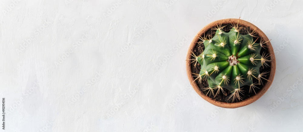 Aufkleber green cactus plant in a pot seen from above on a white desk with empty space for text around the ima