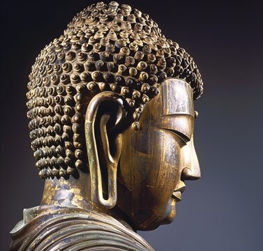 Detailed profile of a golden Buddha sculpture showcasing intricate curls and serene expression, symbolizing peace and enlightenment.