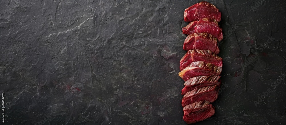 Poster Top view of a neatly sliced Top Blade steak from black Angus cattle on a dark backdrop with room for text or other elements in the image. Creative banner. Copyspace image