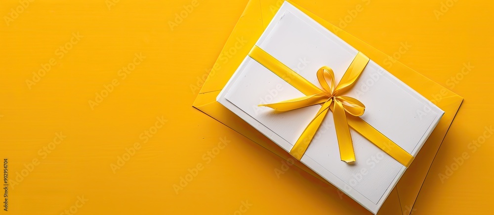 Sticker gift box envelope and white sheets are elegantly displayed on a yellow backdrop with plenty of copy 