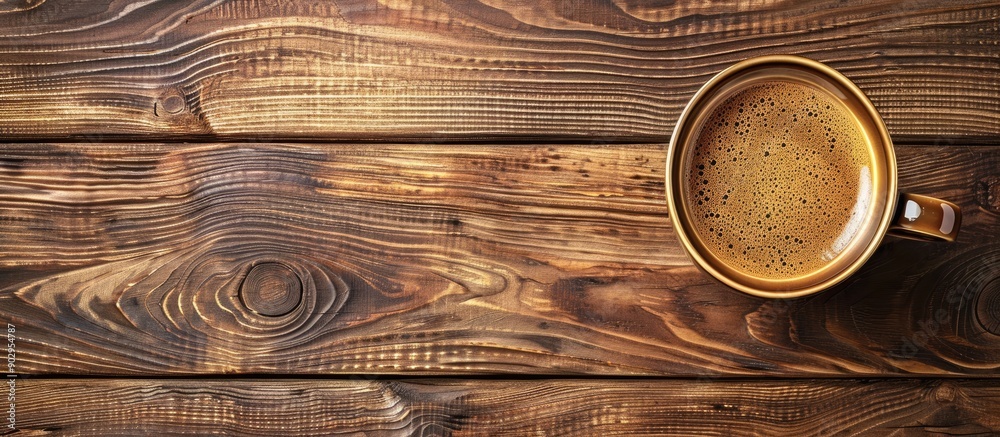 Poster wooden background with a coffee cup offering ample copy space image for your design