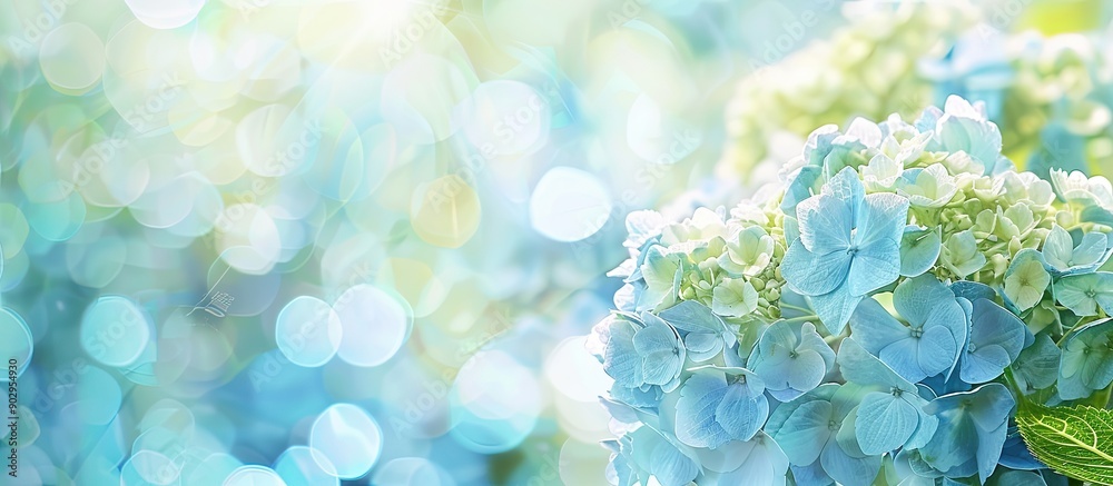 Poster hydrangea in early summer with beautiful blooms in a copy space image