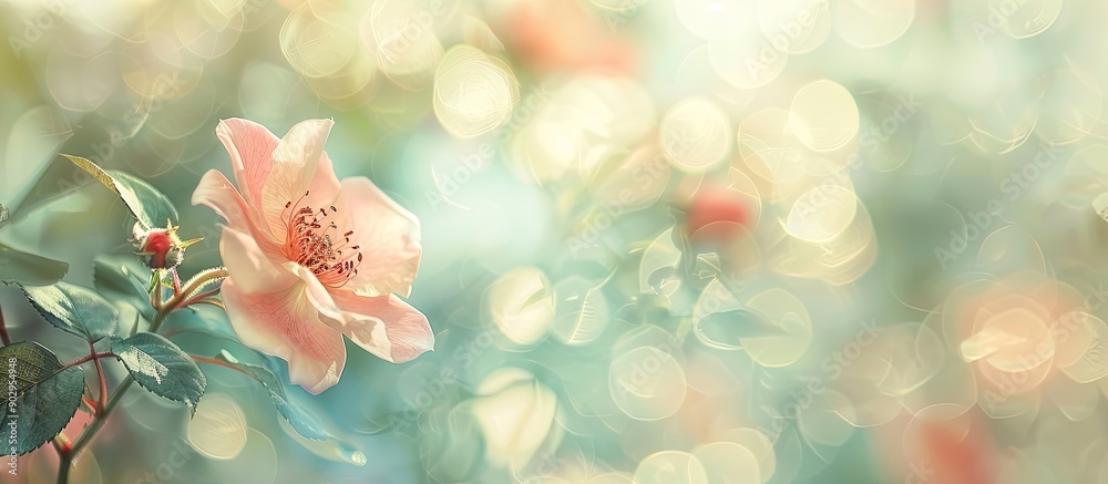 Poster soft floral card with a rosehip in bloom during spring or summer set against a blurred bokeh flower 