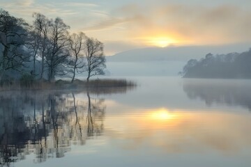 Fototapeta premium Serene Sunrise Over Misty Lake with Reflections of Trees and Mountains