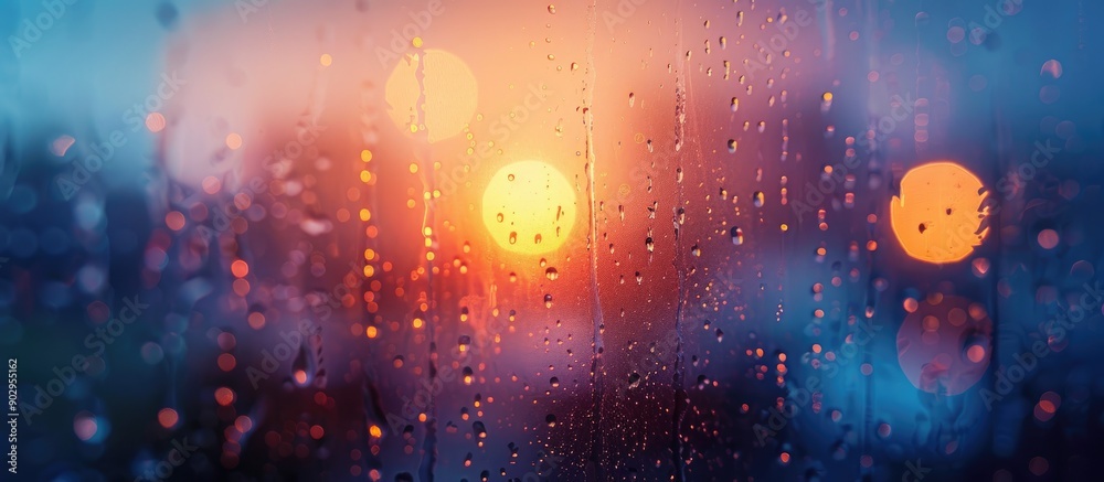 Leinwandbilder sunset view through a rain speckled window creating a lovely dusk ambiance with blurred sun and sky 